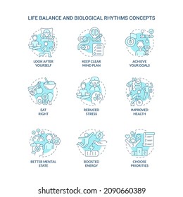 Life balance and biological rhythms turquoise concept icons set. Selfcare idea thin line color illustrations. Isolated outline drawings. Editable stroke. Roboto-Medium, Myriad Pro-Bold fonts used