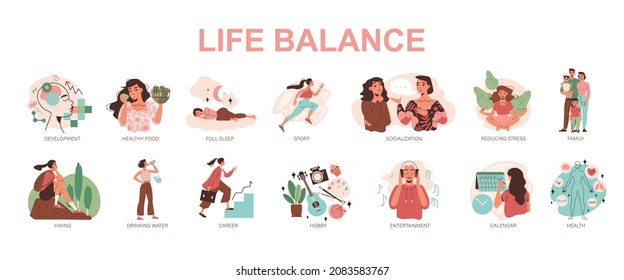 Life balance color set of healthy food sport full sleep family career socialization entertainment flat compositions isolated vector illustration