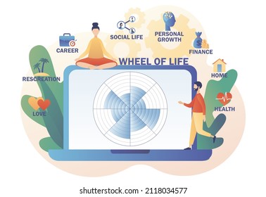 Life balance concept. Wheel of life online. Tiny people use coaching tool in web site. Human needs. Life coaching. Modern flat cartoon style. Vector illustration on white background