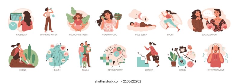 Equilibrio de vida en desarrollo deporte carrera familia senderismo relajación turismo íconos aislados con pie de foto en fondo blanco ilustración vectorial plana