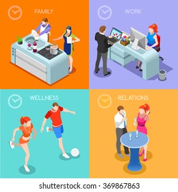 Life Balance Flat 3d Isometric Isometry Concept. Day Time Management Planning Scheduling Work Family Relations and Sport Wellness Interior Scene. Creative People characters Vector Image