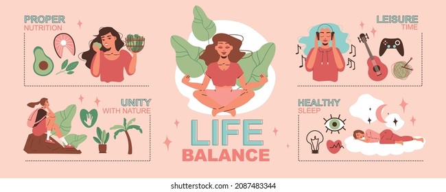 Life Balance Infographics With Proper Nutrition Unity With Nature Healthy Sleep Flat Compositions Vector Illustration