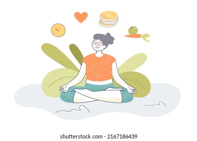 Life balance and meditation of happy old multitasking woman. Female character relaxing in lotus position flat vector illustration. Wellness concept for banner, website design or landing web page