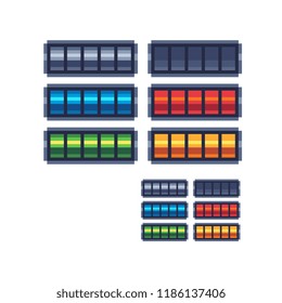 Life bar 8-bit elements pixel art.  Battery charge. Full health bar. Progressor, stamina, power, energy, mana level, money reserve isolated vector illustration. Classical game themed design. 