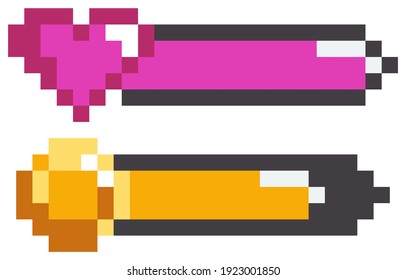 Life bar and coin bar 8-bit elements pixel art. Pixelated progressor, stamina, power, energy, mana level, health reserve isolated vector. Classical pixel-game themed design. Gaming controller, symbols