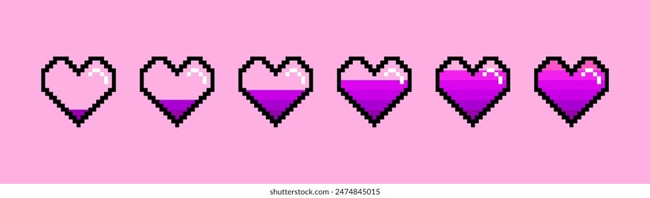 Life bar gradient hearts, pixel art 8 bit. Game icons. Vector illustration.