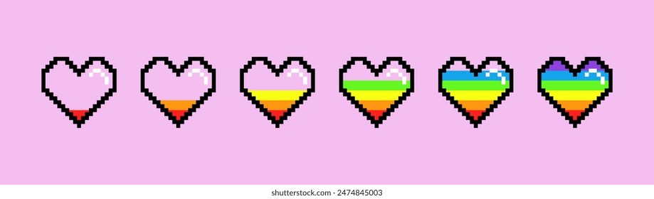 Life bar LGBT hearts, rainbow colors, pixel art 8 bit. Game icons. Vector illustration.