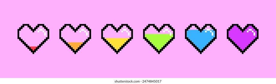 Life Bar LGBT Herzen, Regenbogenfarben, Pixel Art 8 Bit. Spielsymbole. Vektorillustration.