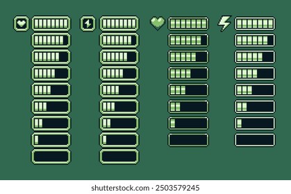 Life Bar Pixel Kunst, Gesundheit, Ausdauer, Kraft, Energie, Mana-Level, Satz von 8-Bit-Elemente, Leistung, Geld-Reserve-Vektorgrafiken, Retro, 8-Bit-Stil, Videospiel-Assets.