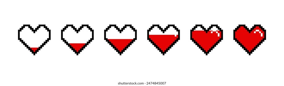 Life bar red hearts, pixel art 8 bit. Game icons. Vector illustration.