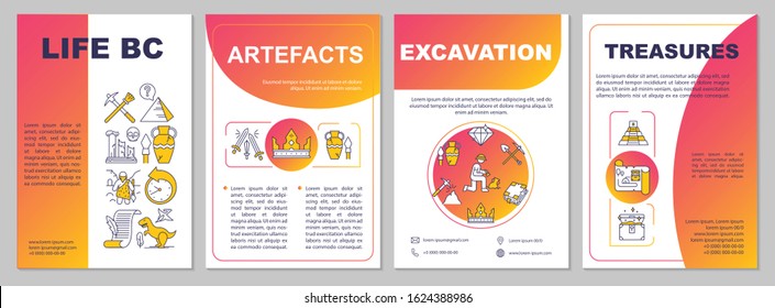 Life BC brochure template. Artefacts, excavation, treasures. Flyer, booklet, leaflet print, cover design with linear icons. Vector page layouts for magazines, annual reports, advertising posters