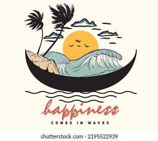 Life is beach. Happiness come in beach paradise  background vector artwork design. Summer vibes palm tree design. Boat with wave illustration. 