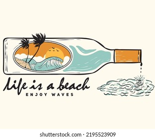 Life is beach. Wine bottle with beach paradise background vector artwork design. Palm tree retro design.