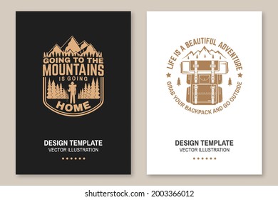 Life Is A Beautiful Adventure. Vector Concept For Shirt Or Logo, Print, Stamp. Flyer, Brochure, Banner, Poster Design With Backpack, Mountain And Forest Silhouette. Grab Your Backpack And Go Outside