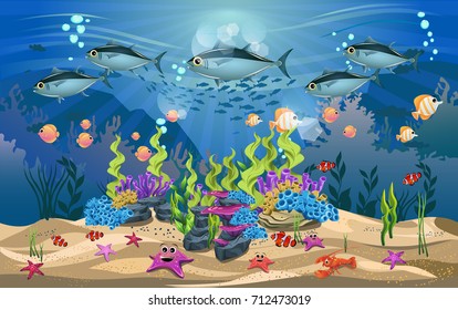 life and beautiful ecosystems in the ocean. The beauty of underwater life with different animals and habitats. Marine life is shining and colorful.