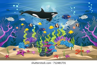 life and beautiful ecosystems in the ocean. The beauty of underwater life with different animals and habitats. Marine life is shining and colorful.