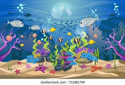 life and beautiful ecosystems in the ocean. The beauty of underwater life with different animals and habitats. Marine life is shining and colorful.