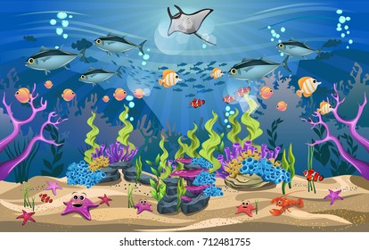 life and beautiful ecosystems in the ocean. The beauty of underwater life with different animals and habitats. Marine life is shining and colorful.