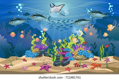 life and beautiful ecosystems in the ocean. The beauty of underwater life with different animals and habitats. Marine life is shining and colorful.