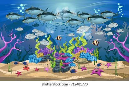life and beautiful ecosystems in the ocean. The beauty of underwater life with different animals and habitats. Marine life is shining and colorful.