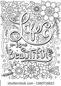 Life Is Beautiful Font With Flower Elements. Hand Drawn With Inspiration Word. Doodles Art For Valentine's Day Or Greeting Card. Coloring For Adult And Kids. Vector Illustration