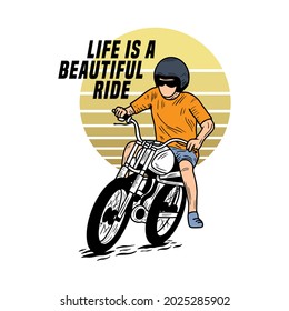 Life is beautiful ride, Motorcycle Beach typography for t-shirt print with palm,beach and motorcycle.Vintage poster.