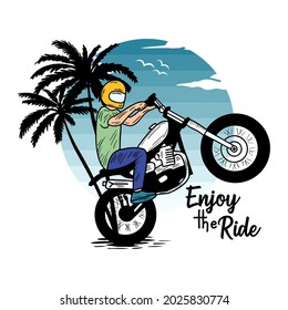 Life is beautiful ride, Motorcycle Beach typography for t-shirt print with palm,beach and motorcycle.Vintage poster.