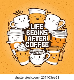 La vida comienza después del diseño de la ilustración del doodle de café