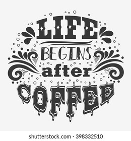 Life begins after coffee. Hand drawn  inspiration vintage poster with grunge texture.  It can be used as a print for bags, T-shirts, cards and other items. Element for design.