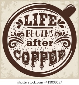 Life begins after coffee. Hand drawn  inspiration vintage poster with grunge texture.  It can be used as a print for bags, T-shirts, cards and other items. Element for design.