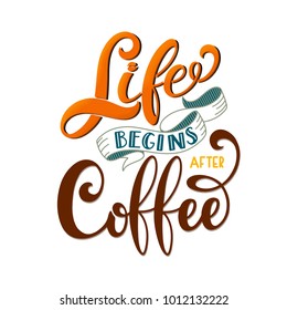 Life begins after coffee text for prints and posters, menu design, greeting cards. Vector illustration with handdrawn lettering.