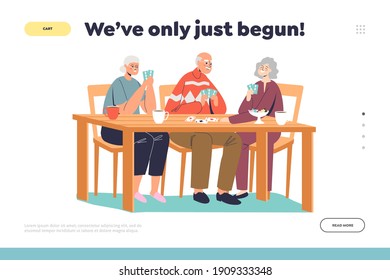 Life Begins After Retirement Concept Of Landing Page With Group Of Happy Senior People Playing Cards. Older Friends Relaxing With Board Games, Tea And Candies. Flat Vector Illustration