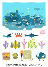 Life below water flat vector illustration collection