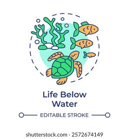 Life below water multi color concept icon. Ecology preservation, ecosystem. Sea animals, ocean. Round shape line illustration. Abstract idea. Graphic design. Easy to use in infographic, presentation