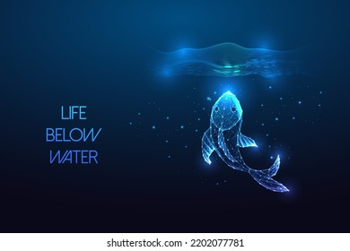  Life below water as part of sustainable development goals concept with fish underwater on blue