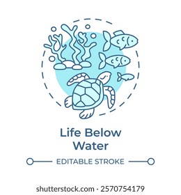 Life below water soft blue concept icon. Ecology preservation, ecosystem. Sea animals, ocean. Round shape line illustration. Abstract idea. Graphic design. Easy to use in infographic, presentation