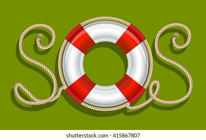 Life belt with rope sos inscription. Vector illustration