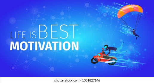 Life is Best Motivation Banner. Extreme Sport Activity. Biker Man in Suit and Helmet Making Stunt and Jumps. Skydiver Soaring in Air on Blue Gradient Background. Vector Isometric Illustration.