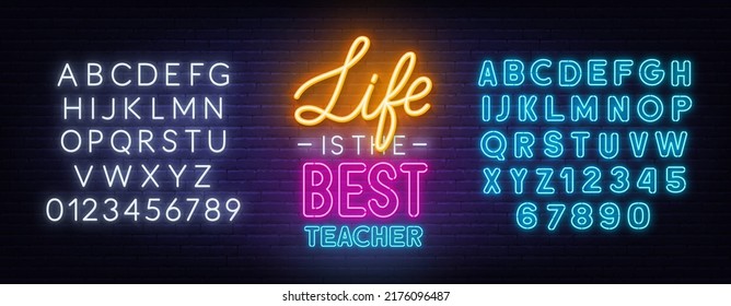 Life is the best teacher neon quote on a brick wall.