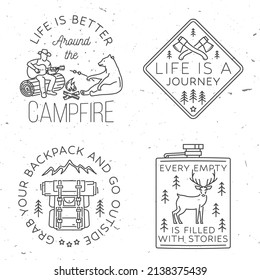 Life is better around the campfire. Vector illustration. Concept for shirt or logo, print, stamp or tee. Vintage line art design with campfire, bear, man with guitar.