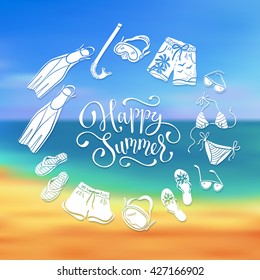 Life is better at the beach. Circe frame from swimsuits, flippers and flip flops. Summer illustration with text. Collection of beach accessories in hand drawn style.
