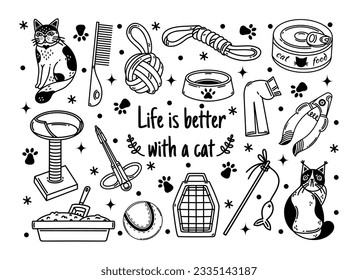 La vida es mejor con un conjunto de vectores de gatos. Accesorios para mascotas - comida, tazón con pata, poste de arañazos, juguete, bandeja de basura. Grooming y veterinaria por un gatito. Un simple garabato. Clásico blanco y negro para imprimir, carteles