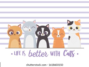 life is better with cats lettering portrait cartoon vector illustration