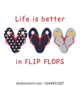 Life is better in flip flops funny summertime quote, Lettering text and blue pair of beach shoes isolated on white. Summer vacation concept design for t-shirt print. apparel, poster, banner, sticker