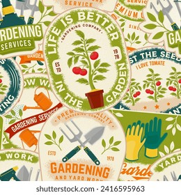 Life is better in the garden emblem, patch, sticker. Vector illustration. For sign, patch, shirt design with rake, seedlings, gardening equipment. Seamless pattern or background