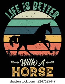 Life Is Better With A Horse Retro Vintage Sunset T-shirt Design For Horse Lovers