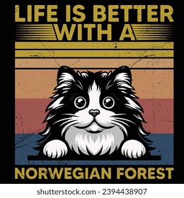 
Life is better with a Norwegian Forest cat  - Vector T-shirt Design. This versatile design is ideal for prints, t-shirt, mug, poster, and many other tasks. good quotes for cat lover.

