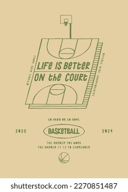 Life is better on the court. Basketball court minimalistic line isometric vintage typography silkscreen vector illustration.