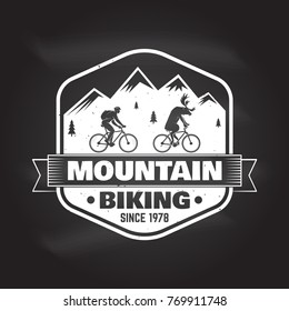 Life is better on a mountain bike. Vector illustration. Concept for shirt or logo, print, stamp or tee. Vintage typography design with man riding bike and mountain silhouette. Outdoor adventure.