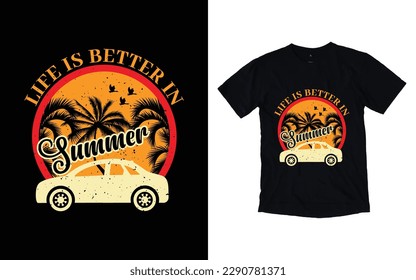 Life is better in summer quote retro t-shirt design, Free vector summer t-shirt design, Free vector surfing retro t-shirt design